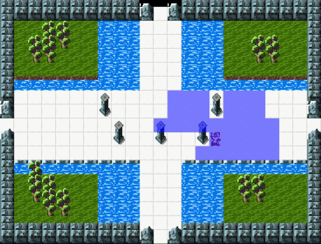 Pillars obstruct sight. Monsters on blue tinted tiles will move towards player instead of using pathfinding.